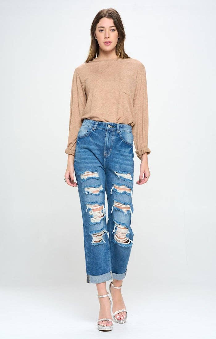 BLUE AGE - HIGH RISE RIPPED BOYFRIEND JEANS JP-1134H