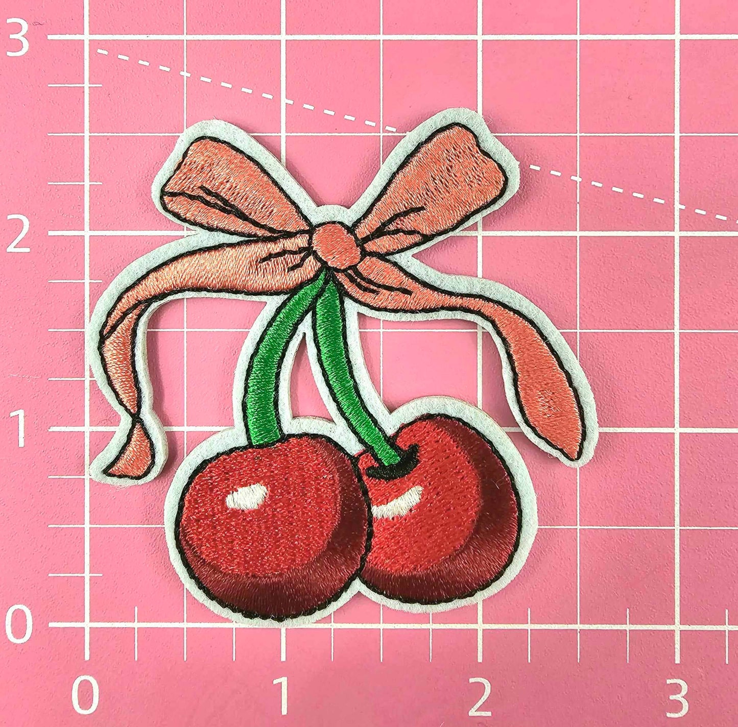 Scratch Decor - Cherry with Pink Bow Embroidery Iron On Patch