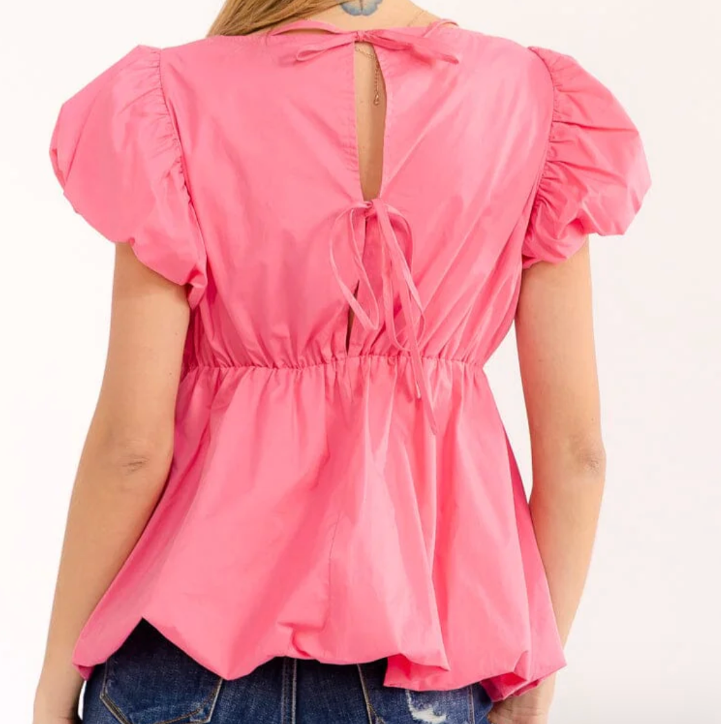 Pink Puff Sleeve Bubble Hem Peplum Top with Tie-Back Detail