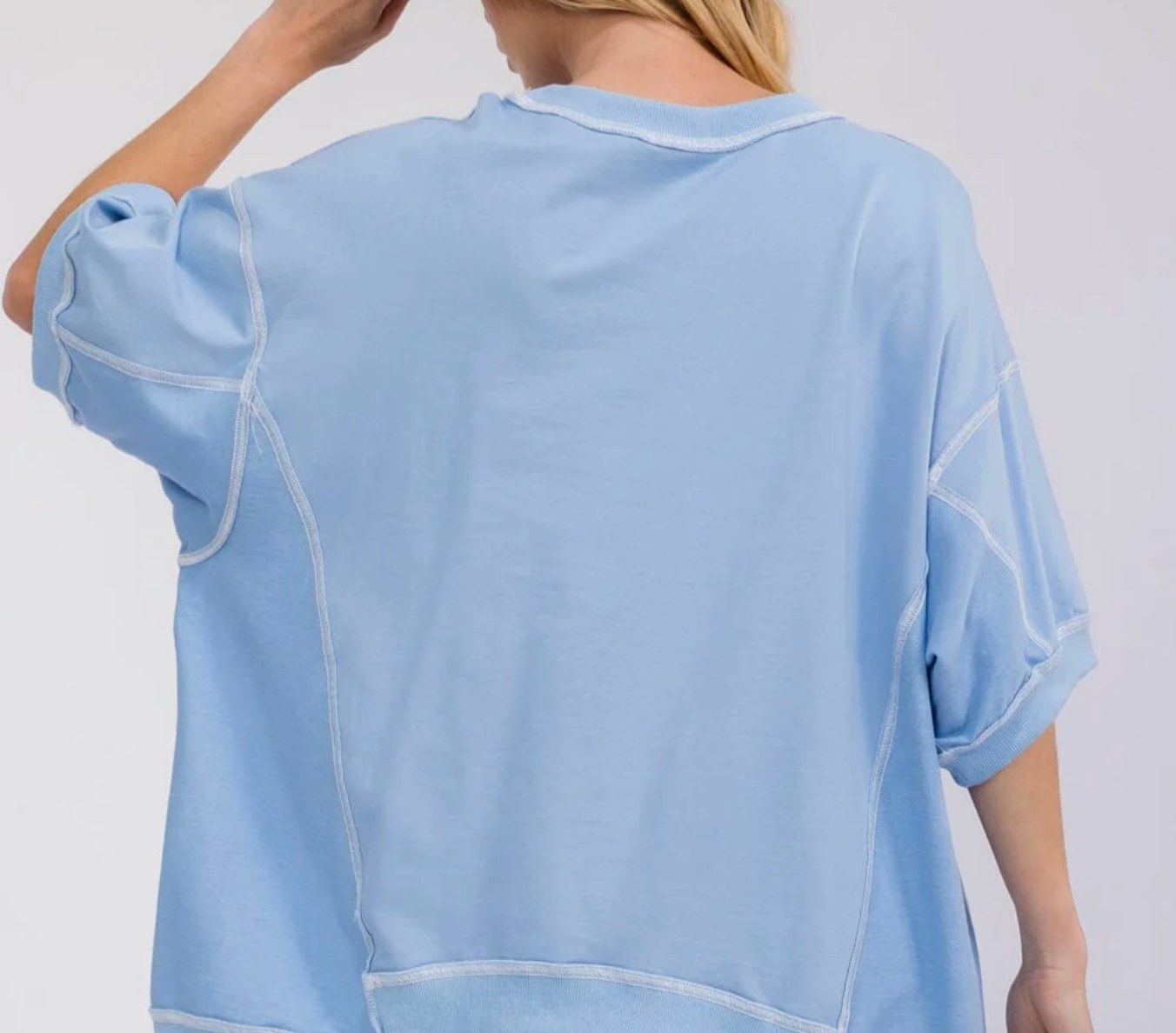 Light Blue Sequin "Gameday" Oversized Raw-Edge Graphic Tee