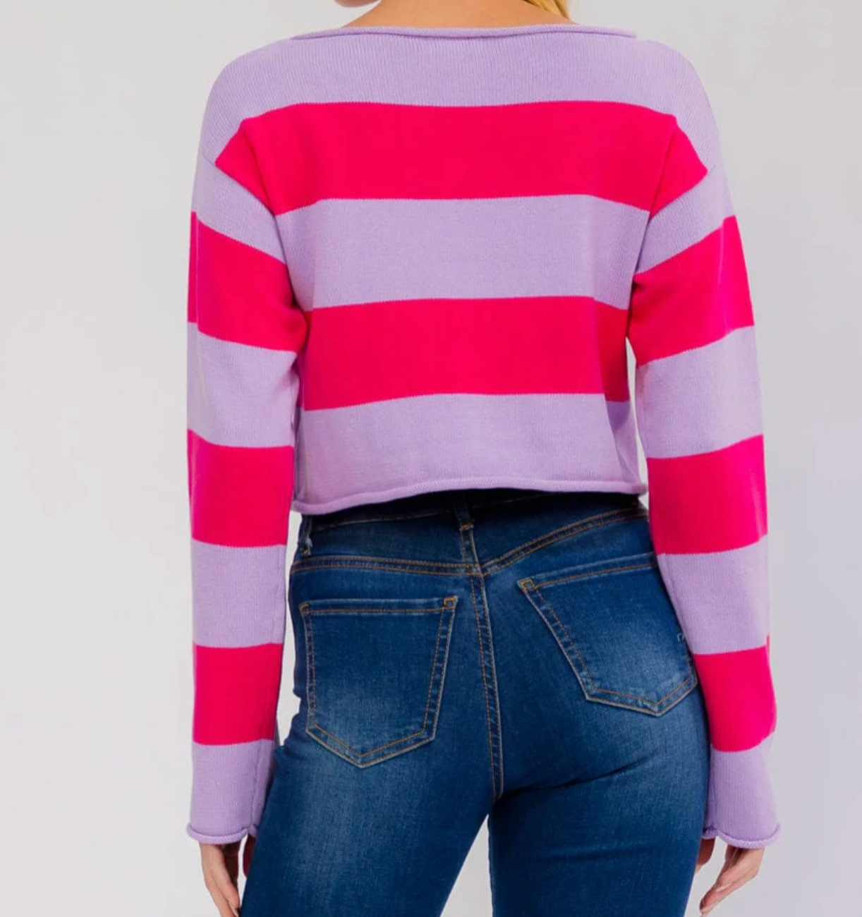 Pink & Purple Wide Striped Cropped Knit Sweater with Rolled Edge Hem