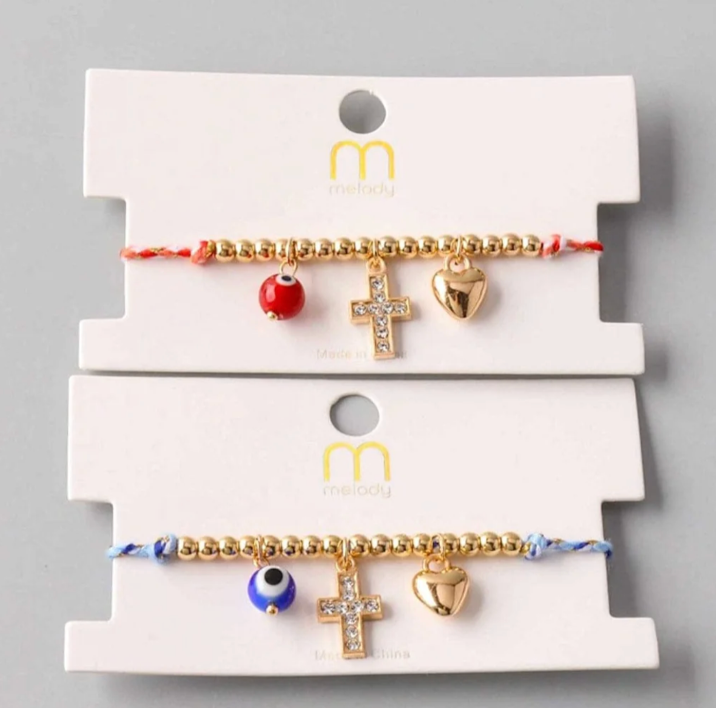 Gold Beaded Charm Bracelet with Cross & Heart | Red & Blue Adjustable Cord