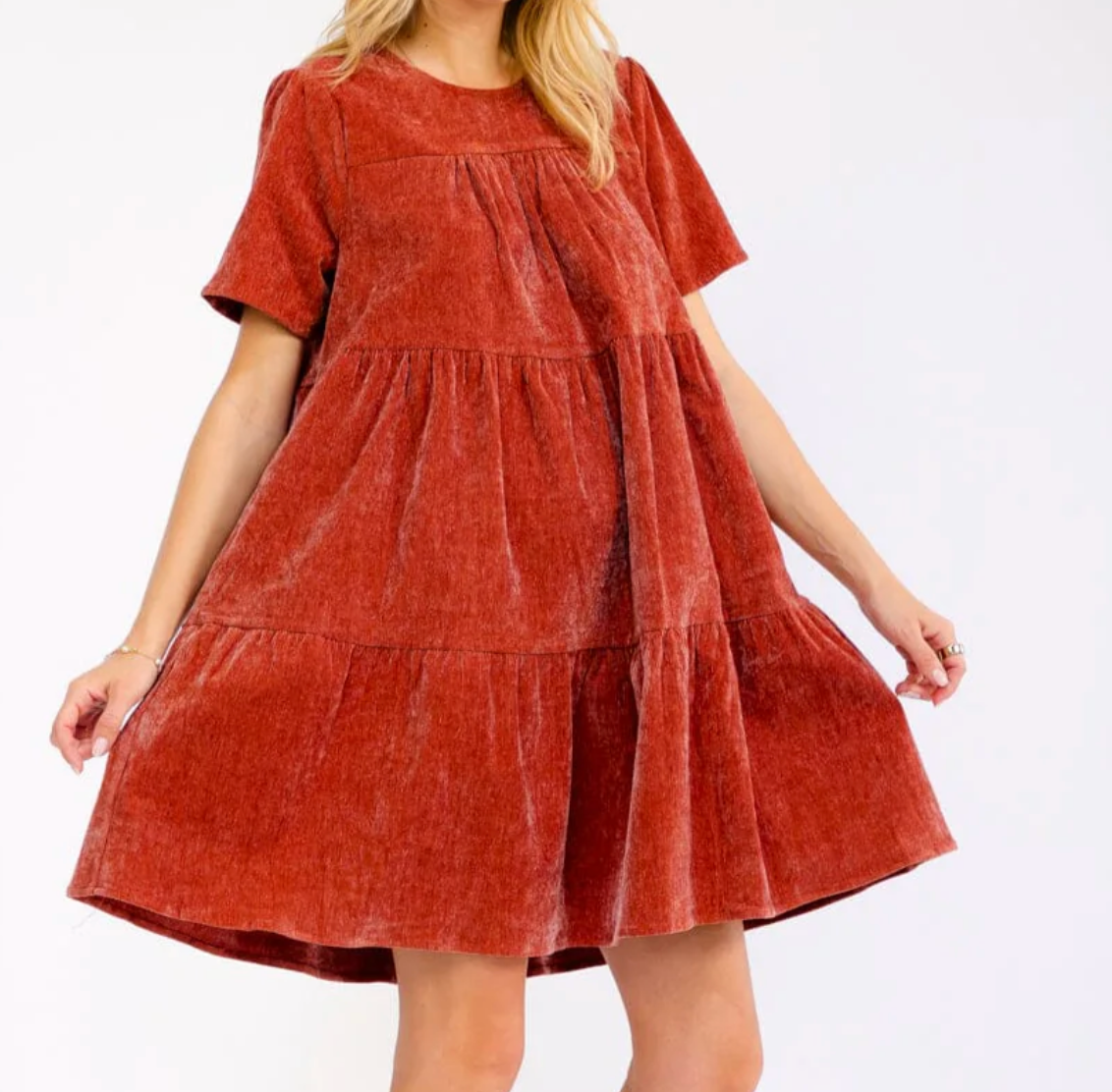 Rust Corduroy Tiered Babydoll Mini Dress | Short Sleeve Fall Swing Dress