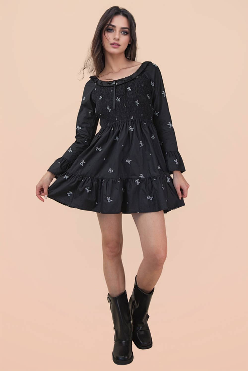 VERY J - ND31879-Bow Embroidery Smocked Ruffled Mini Dress