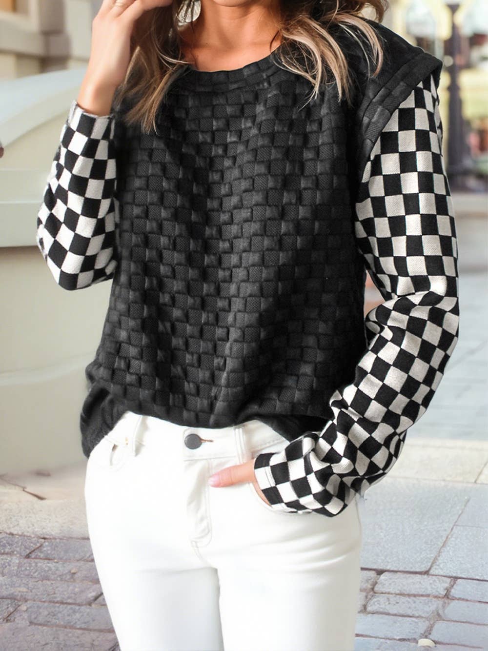 1 the Woman - Plaid Textured Contrast Checkered Patchwork Long Sleeve Top