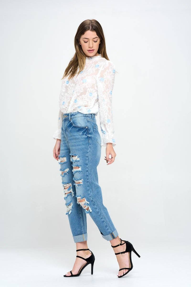 BLUE AGE - HIGH RISE RIPPED BOYFRIEND JEANS JP-1134H