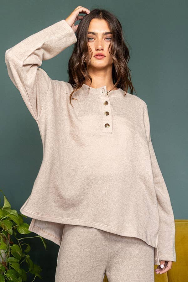 Solid Blushed Knit Oversize Henley Top