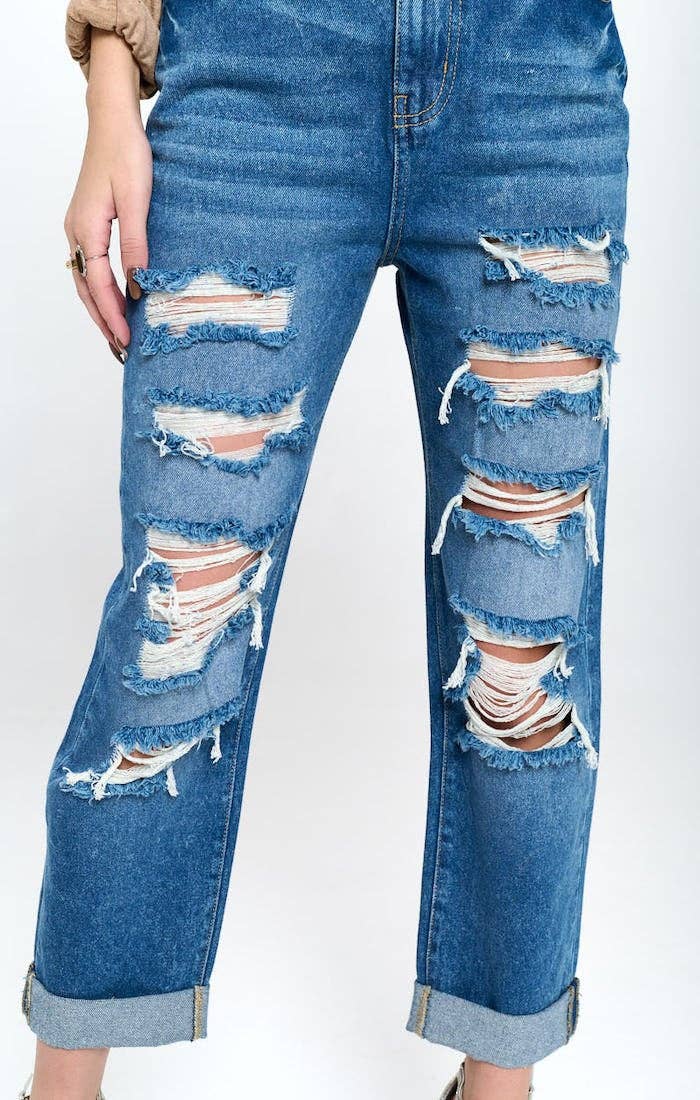 BLUE AGE - HIGH RISE RIPPED BOYFRIEND JEANS JP-1134H