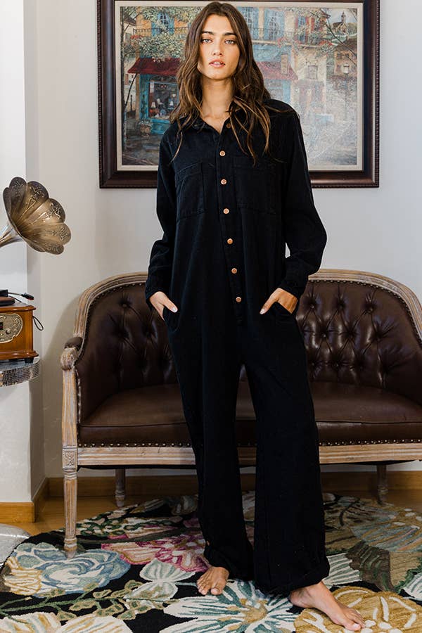 Black Long Sleeve Denim Jumpsuit