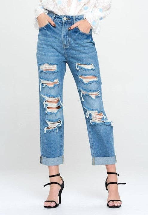BLUE AGE - HIGH RISE RIPPED BOYFRIEND JEANS JP-1134H