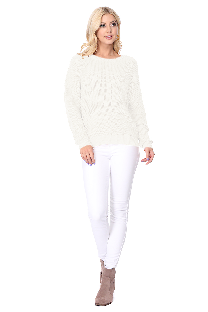 Mak - Waffle Stitch Bat Wing Bow Back Pullover Sweater MK8224