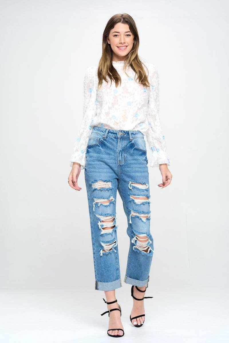 BLUE AGE - HIGH RISE RIPPED BOYFRIEND JEANS JP-1134H