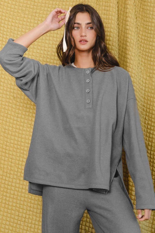 Solid Blushed Knit Oversize Henley Top