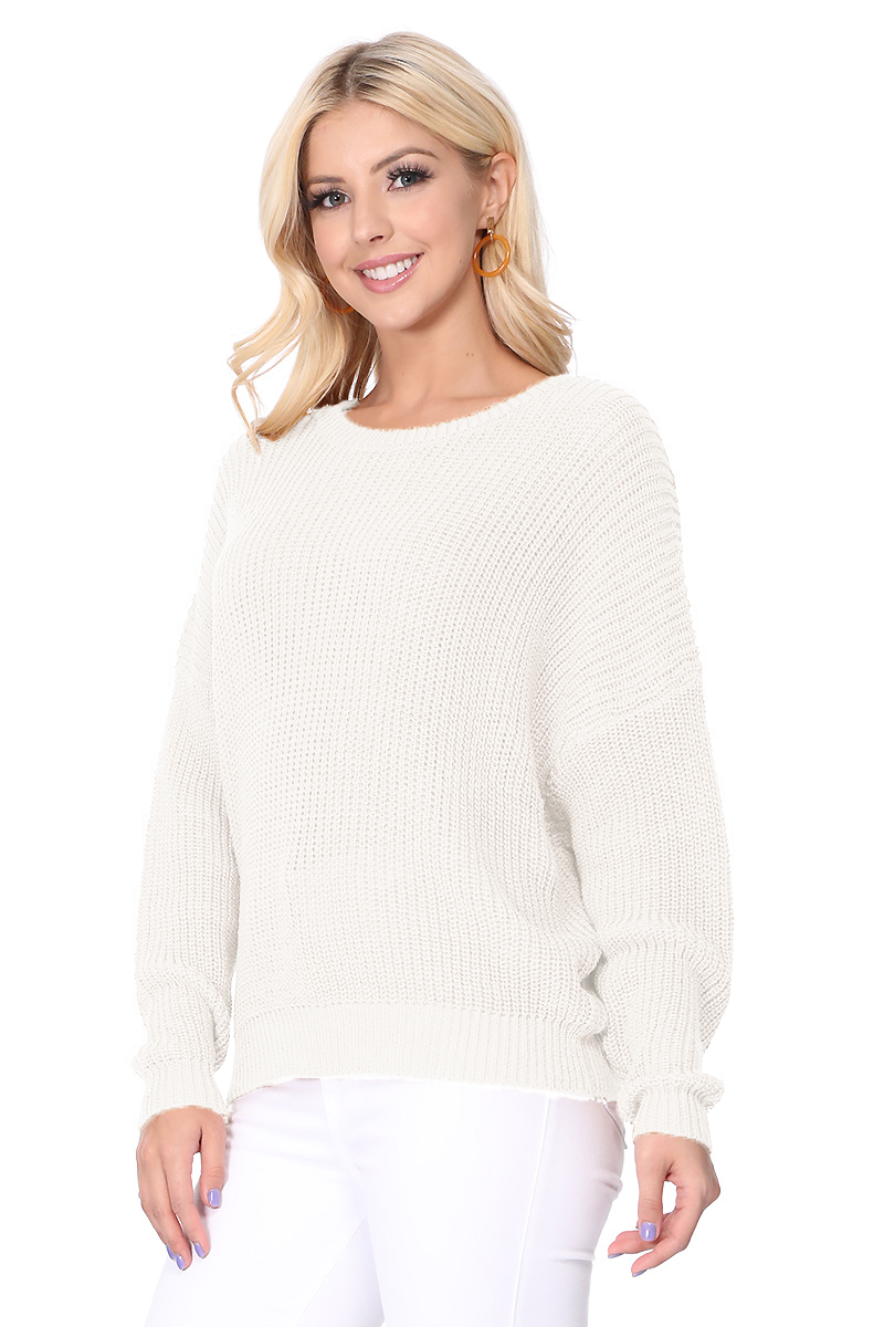 Mak - Waffle Stitch Bat Wing Bow Back Pullover Sweater MK8224
