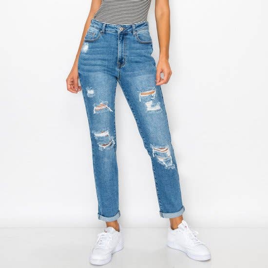 BLUE AGE - DESTRUCTED CUFFED MOM JEANS