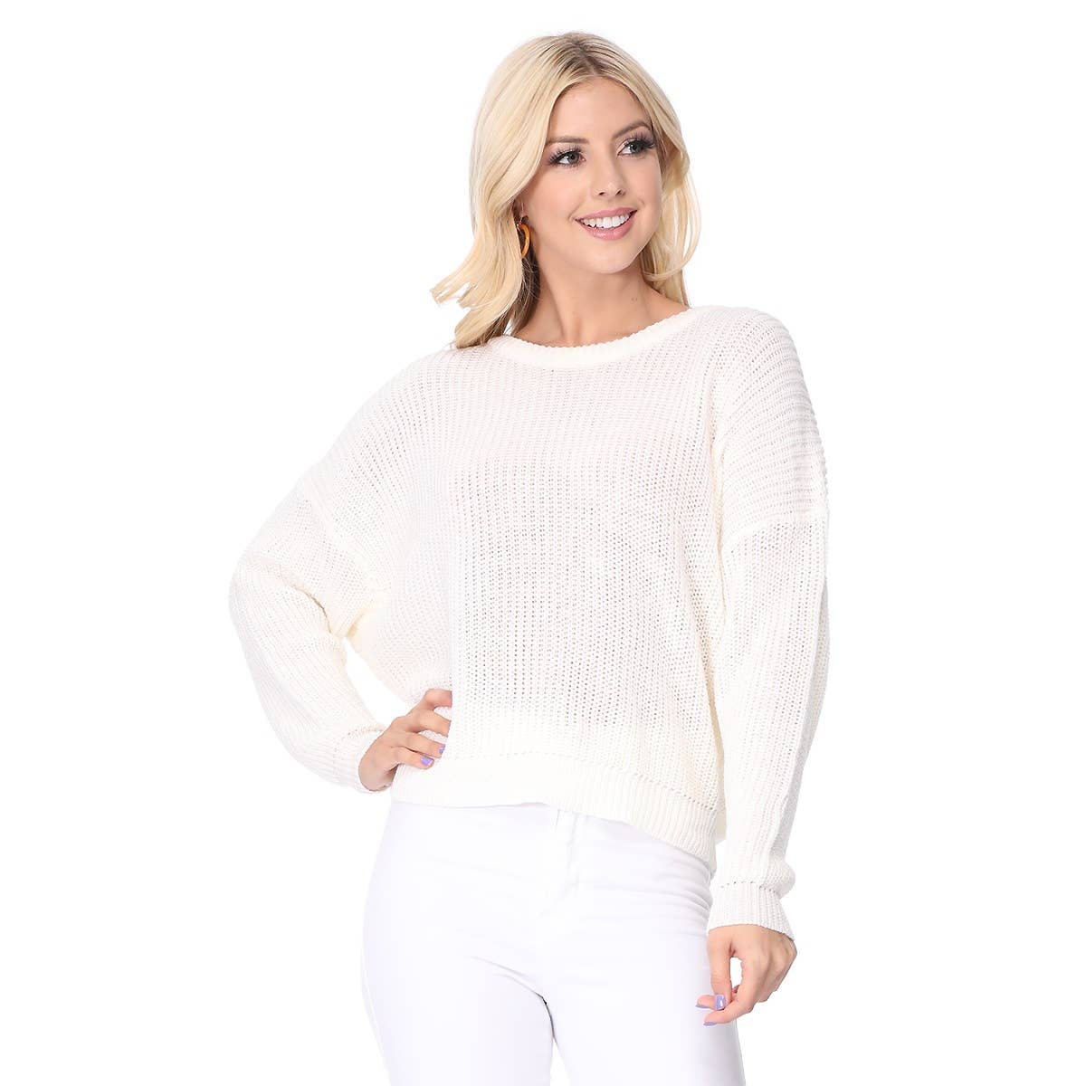 Mak - Waffle Stitch Bat Wing Bow Back Pullover Sweater MK8224