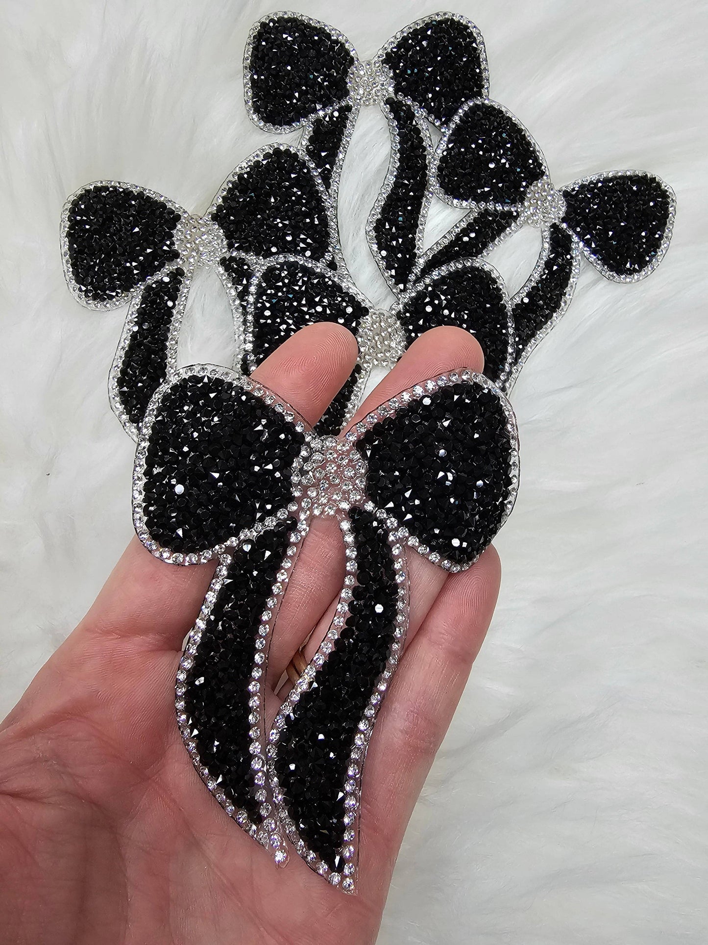Scratch Decor - Rhinestone Bow with Silver Outline and Black Iron-on Patch