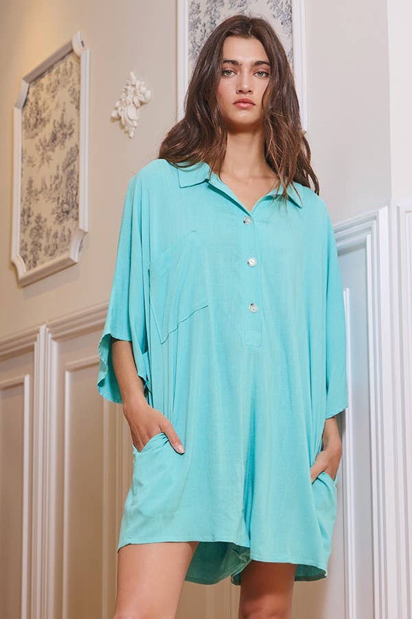Breezy Days Blue Linen Oversize Button Up Romper