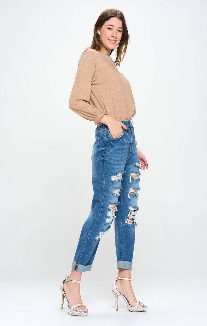 BLUE AGE - HIGH RISE RIPPED BOYFRIEND JEANS JP-1134H