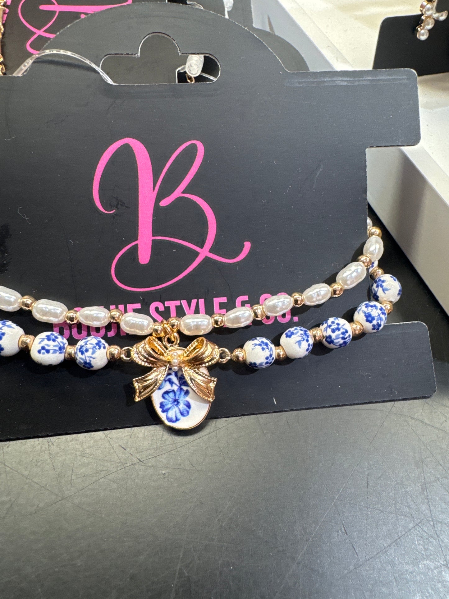 All beaded blue porcelain bow bracelet