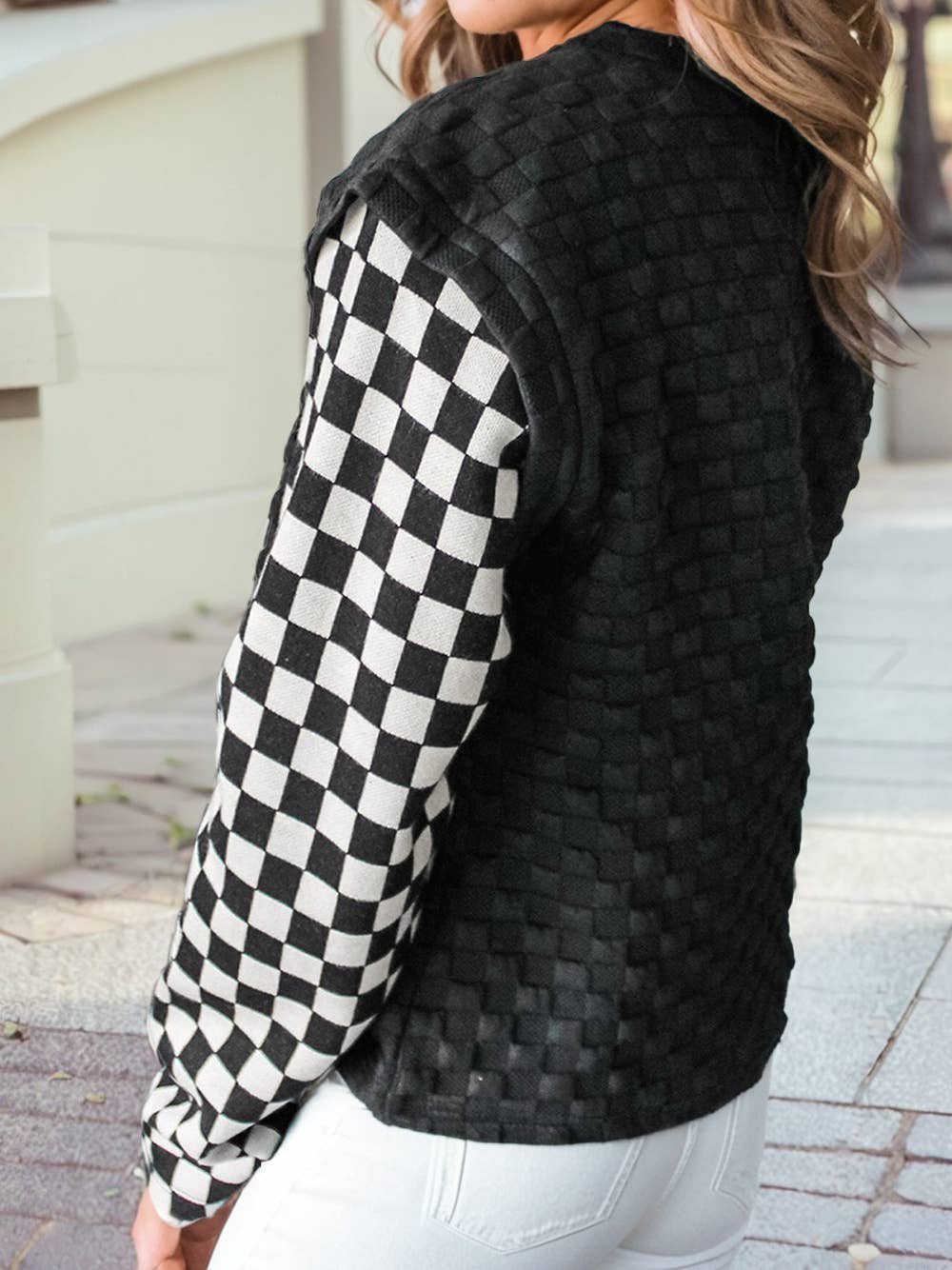 1 the Woman - Plaid Textured Contrast Checkered Patchwork Long Sleeve Top
