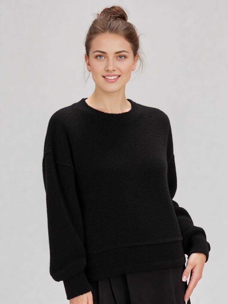 VERY J - NT11338-Round Neck Textured Knit Oversized Top