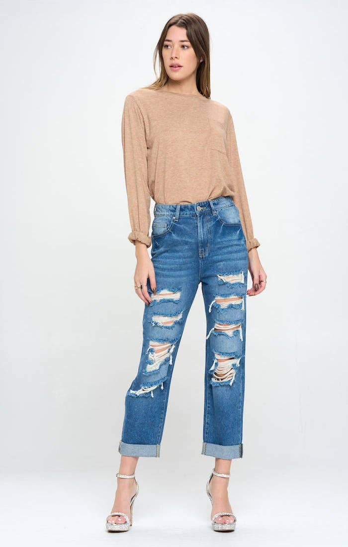 BLUE AGE - HIGH RISE RIPPED BOYFRIEND JEANS JP-1134H