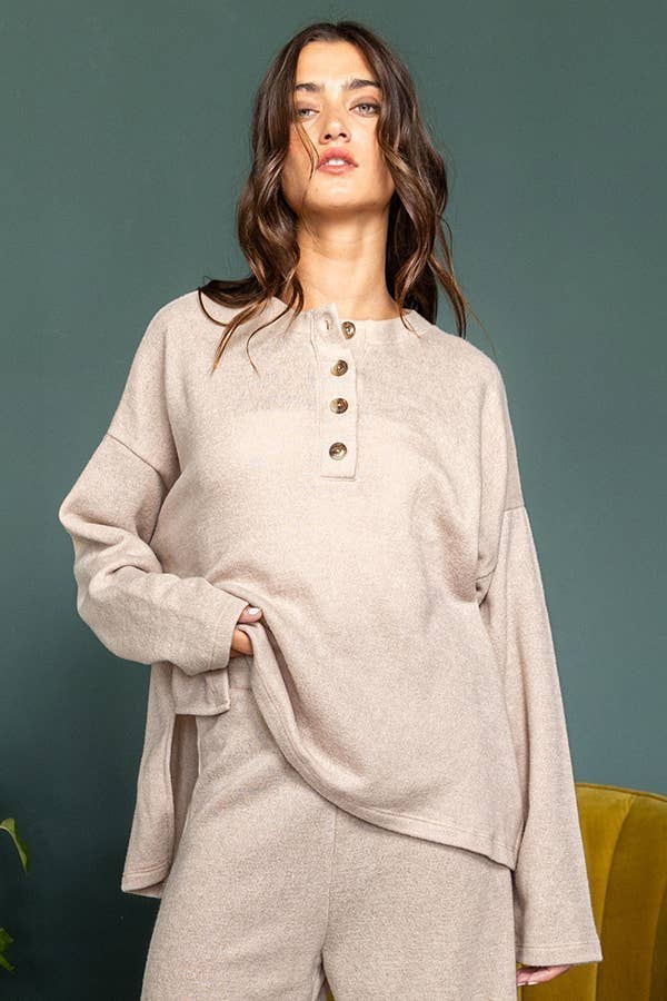 Solid Blushed Knit Oversize Henley Top