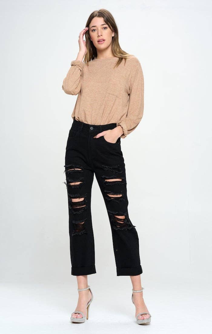 BLUE AGE - HIGH RISE RIPPED BOYFRIEND JEANS JP-1134H