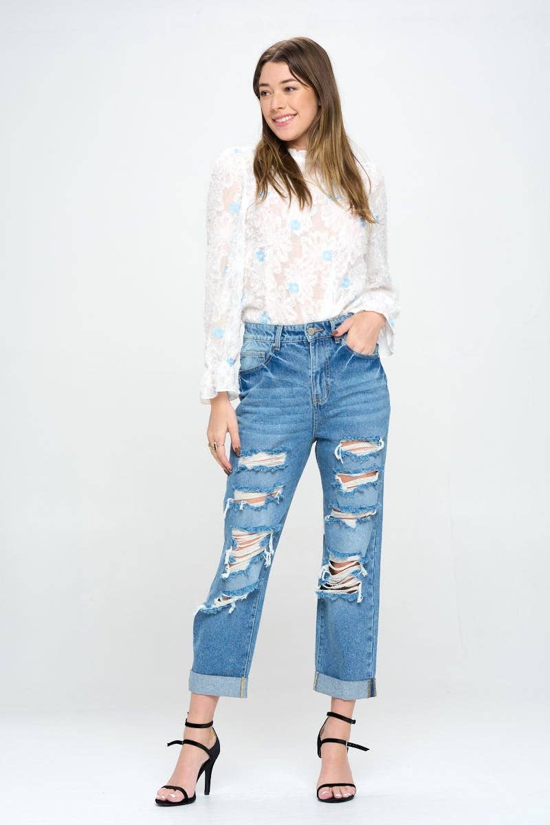 BLUE AGE - HIGH RISE RIPPED BOYFRIEND JEANS JP-1134H