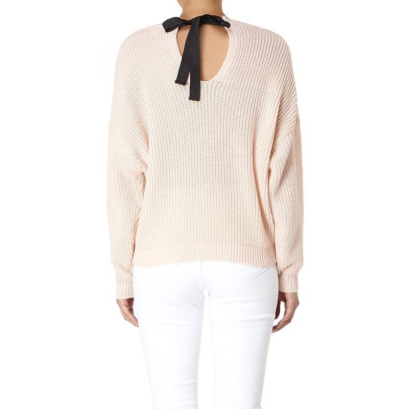 Mak - Waffle Stitch Bat Wing Bow Back Pullover Sweater MK8224