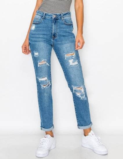 BLUE AGE - DESTRUCTED CUFFED MOM JEANS