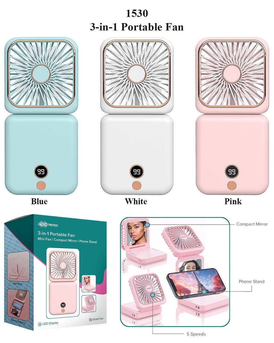 Tech Trendz - 3-in-1 Portable Fan, Mirror & Phone Stand