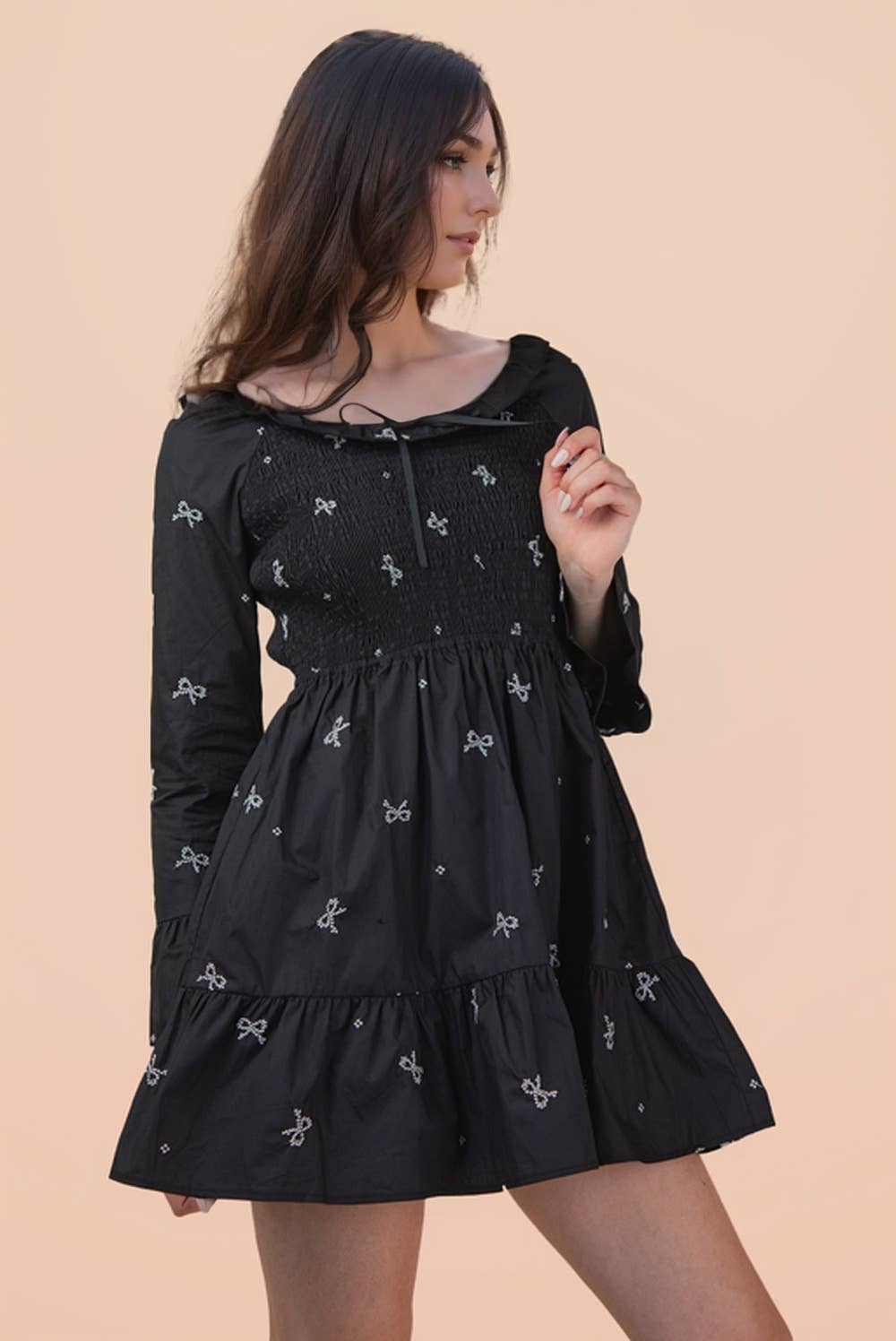 VERY J - ND31879-Bow Embroidery Smocked Ruffled Mini Dress
