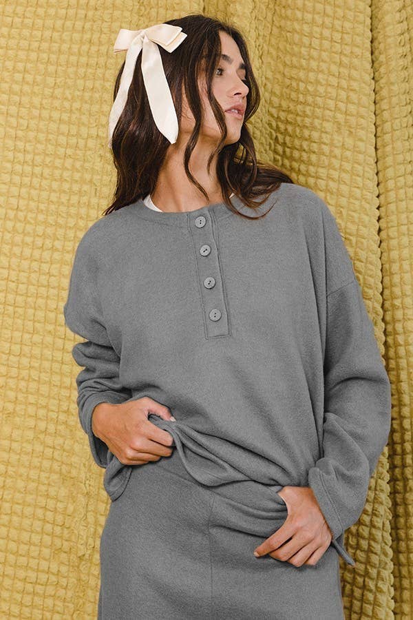 Solid Blushed Knit Oversize Henley Top