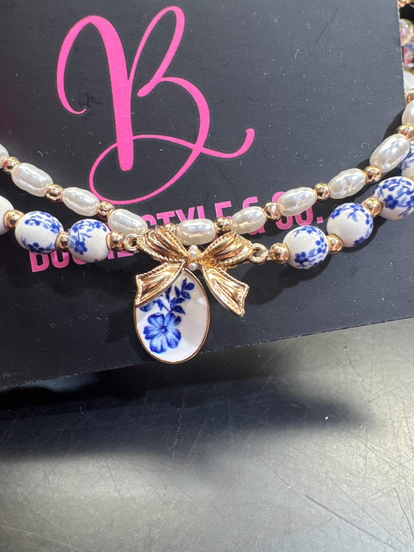 All beaded blue porcelain bow bracelet