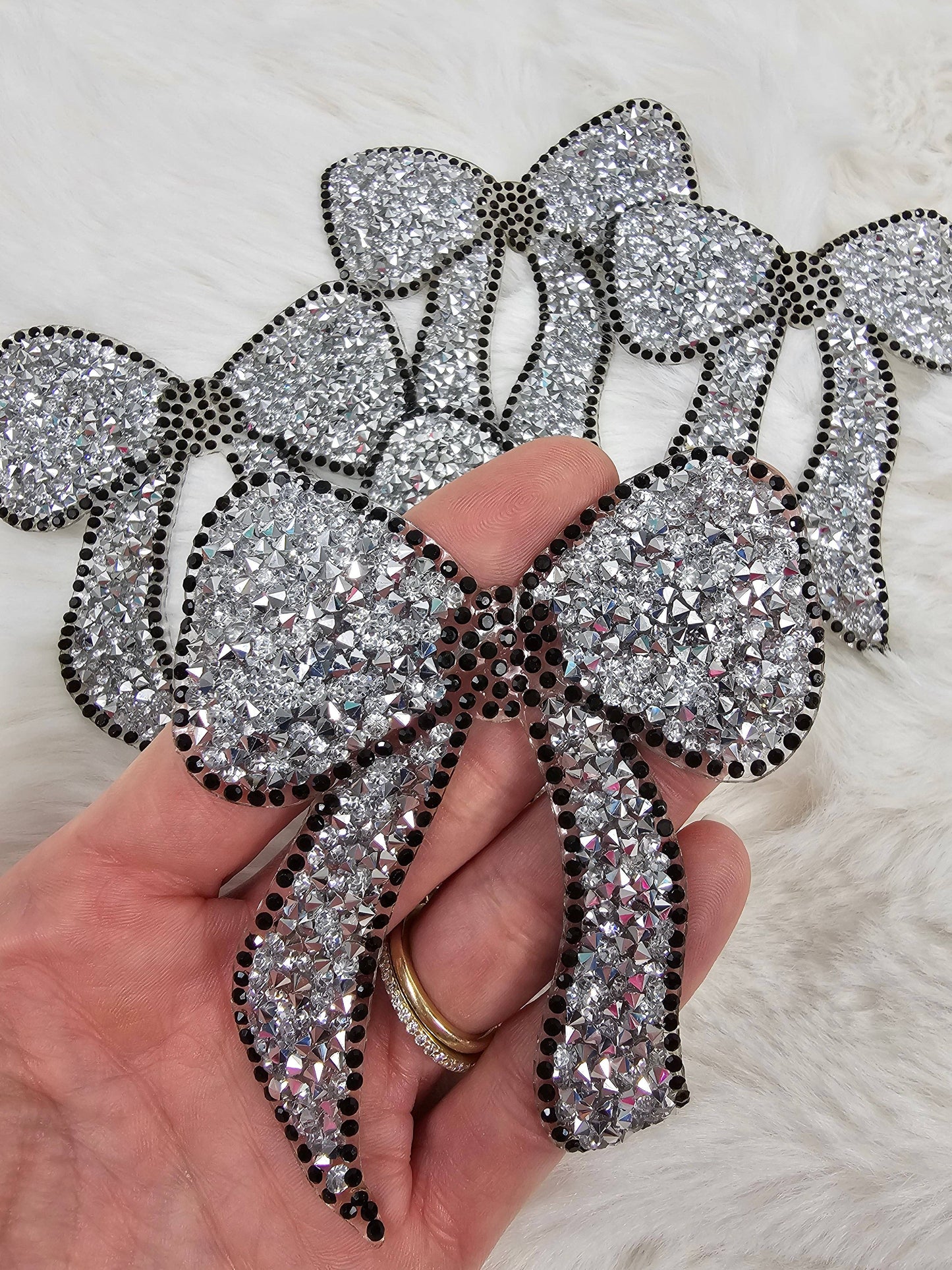 Scratch Decor - Rhinestone Bow with Black Outline and Silver Iron-on Patch