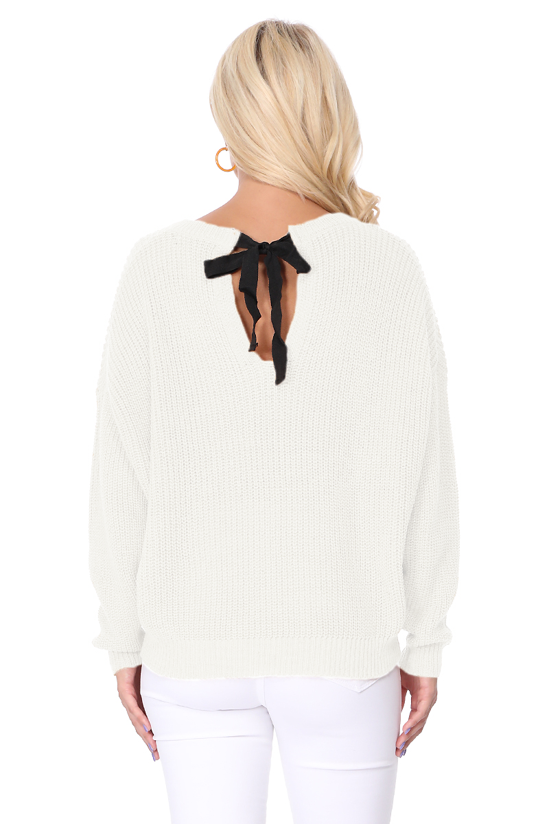 Mak - Waffle Stitch Bat Wing Bow Back Pullover Sweater MK8224
