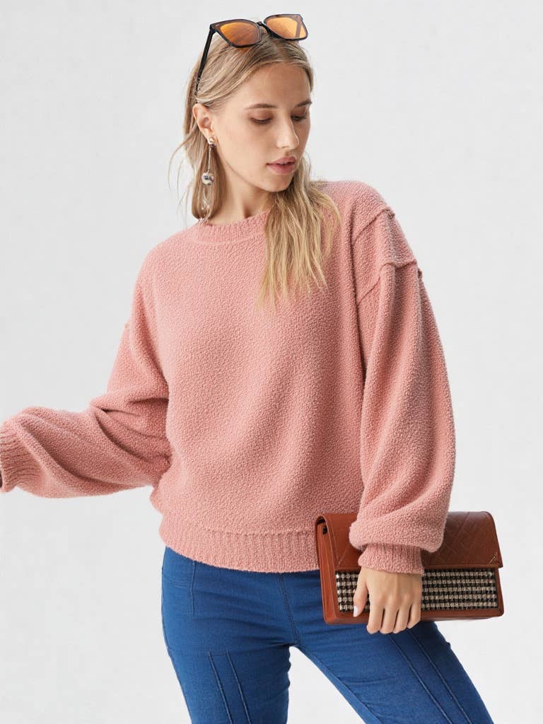 VERY J - NT11338-Round Neck Textured Knit Oversized Top
