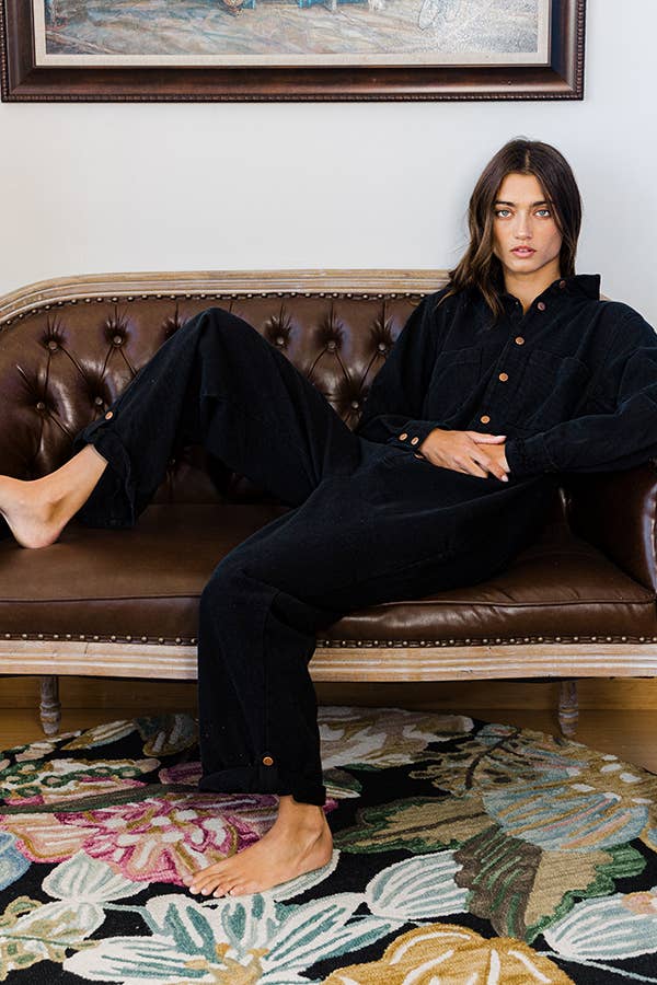 Black Long Sleeve Denim Jumpsuit