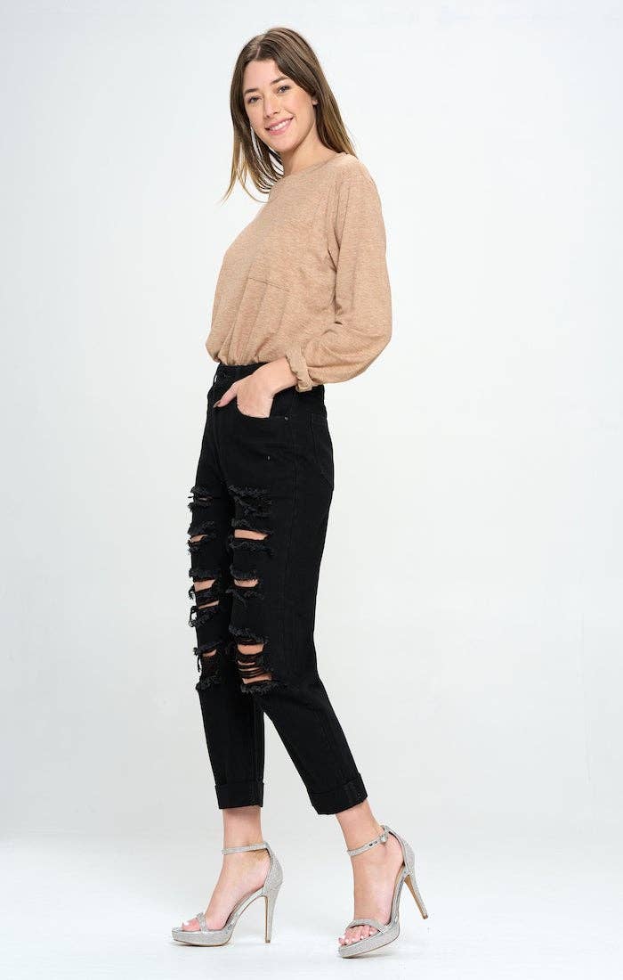 BLUE AGE - HIGH RISE RIPPED BOYFRIEND JEANS JP-1134H