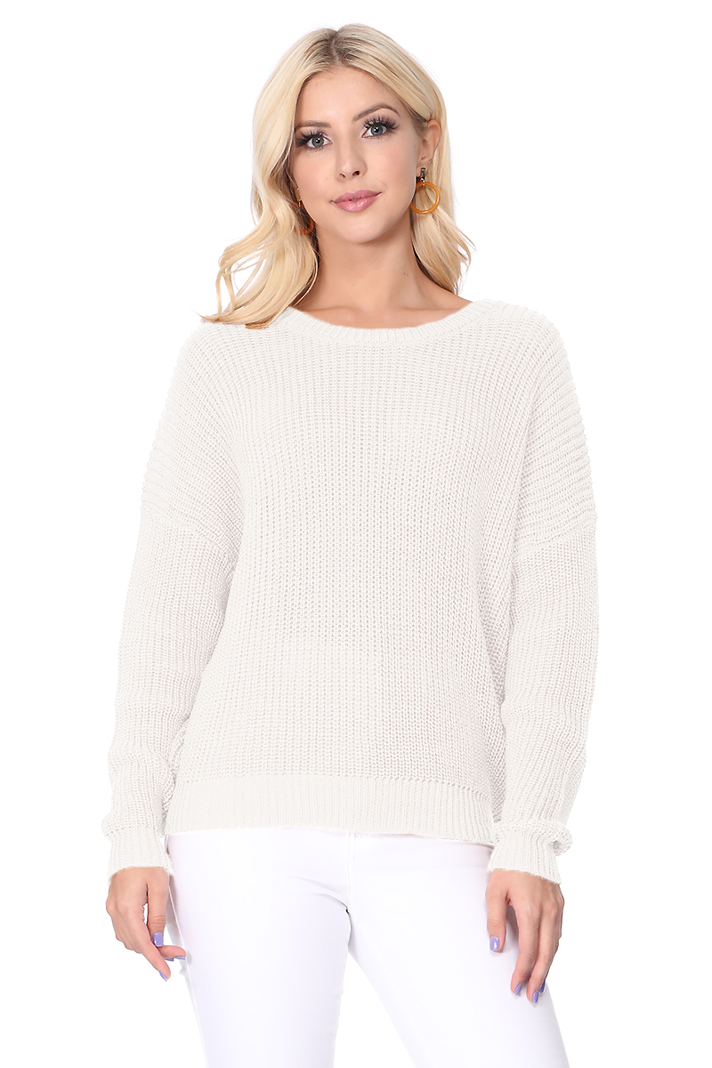 Mak - Waffle Stitch Bat Wing Bow Back Pullover Sweater MK8224