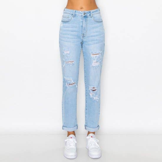 BLUE AGE - DESTRUCTED CUFFED MOM JEANS