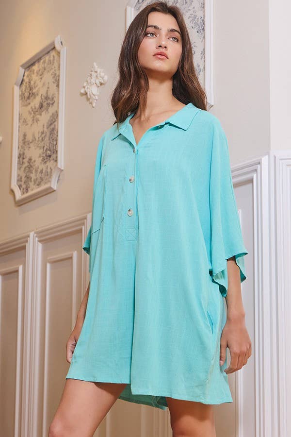Breezy Days Blue Linen Oversize Button Up Romper
