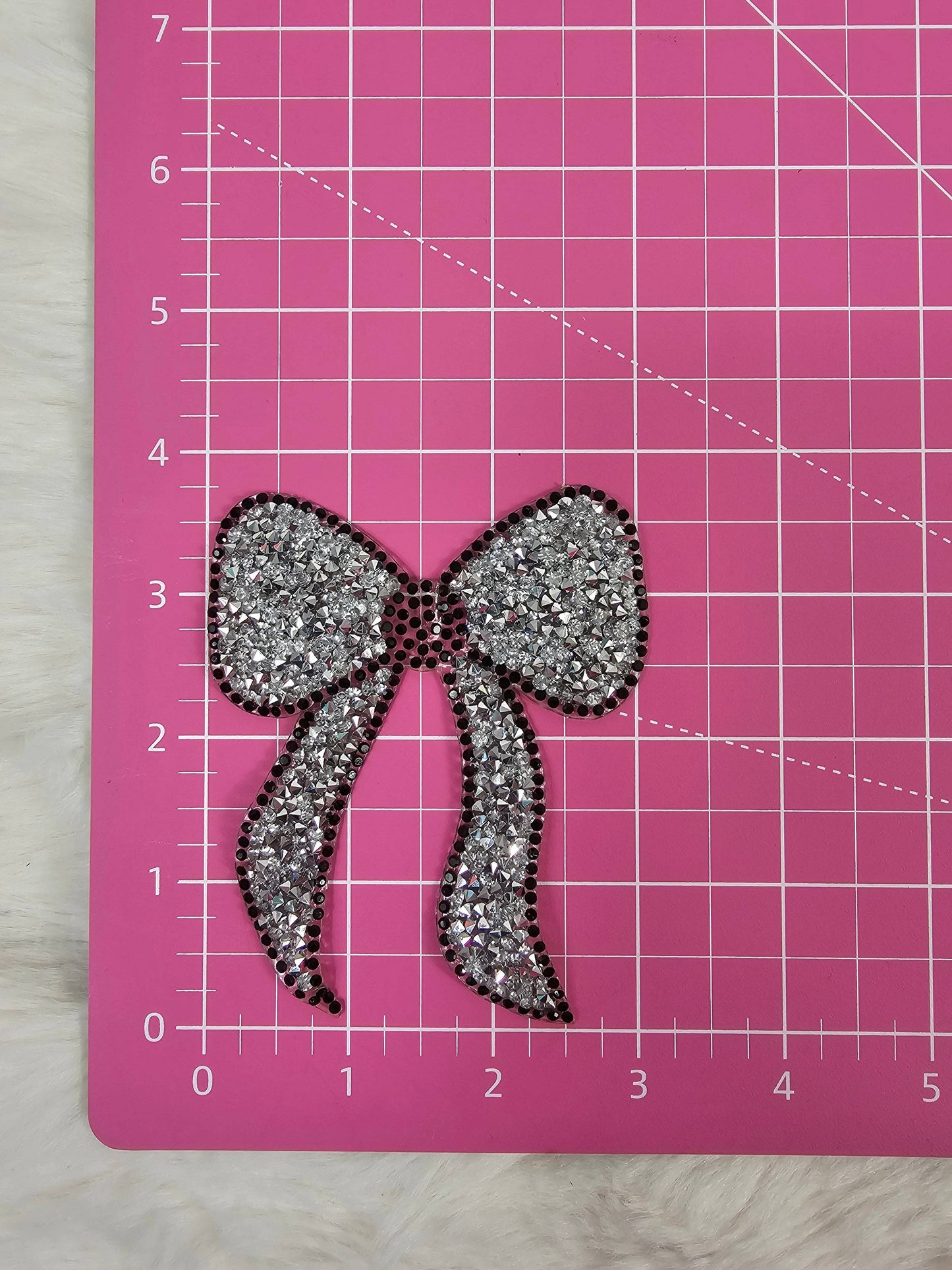Scratch Decor - Rhinestone Bow with Black Outline and Silver Iron-on Patch