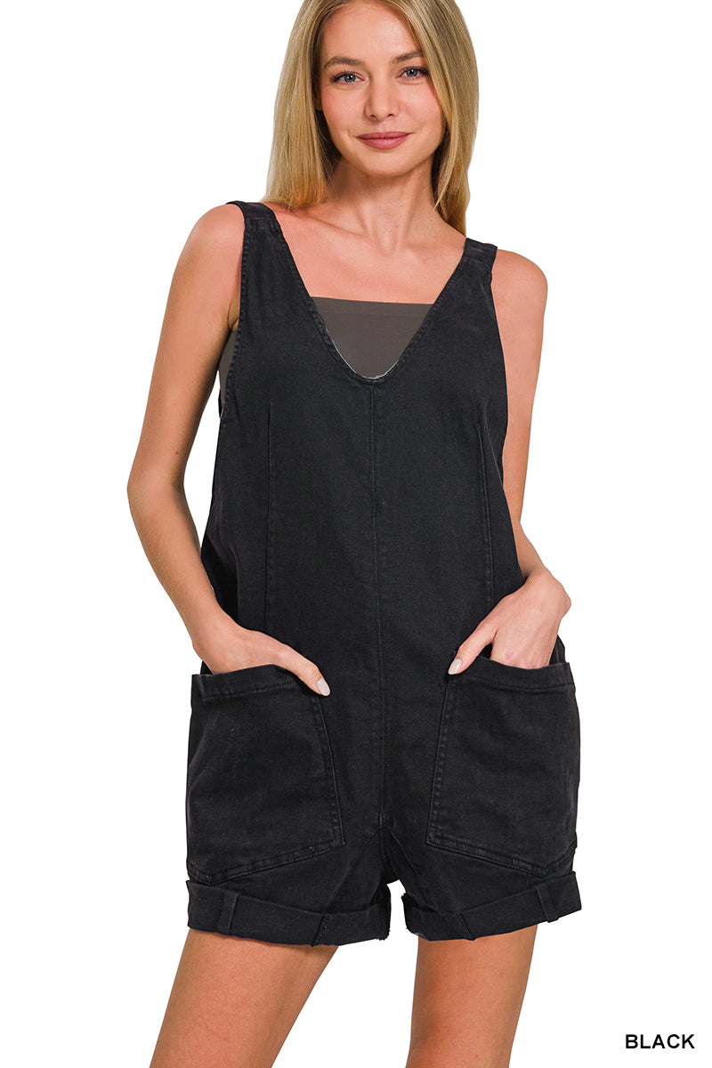WASHED ADJUSTABLE STRAP ROMPER WITH POCKET