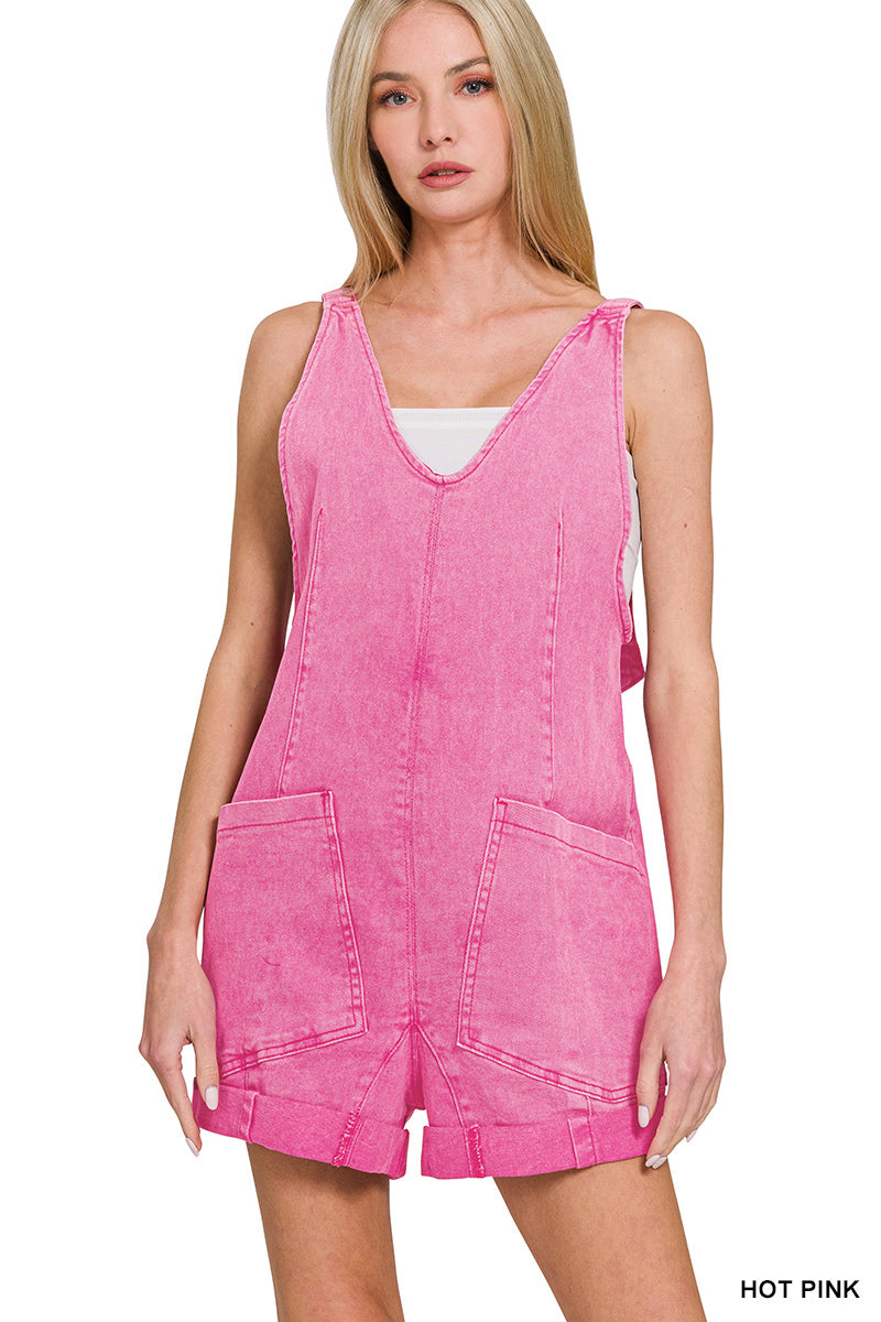 WASHED ADJUSTABLE STRAP ROMPER WITH POCKET