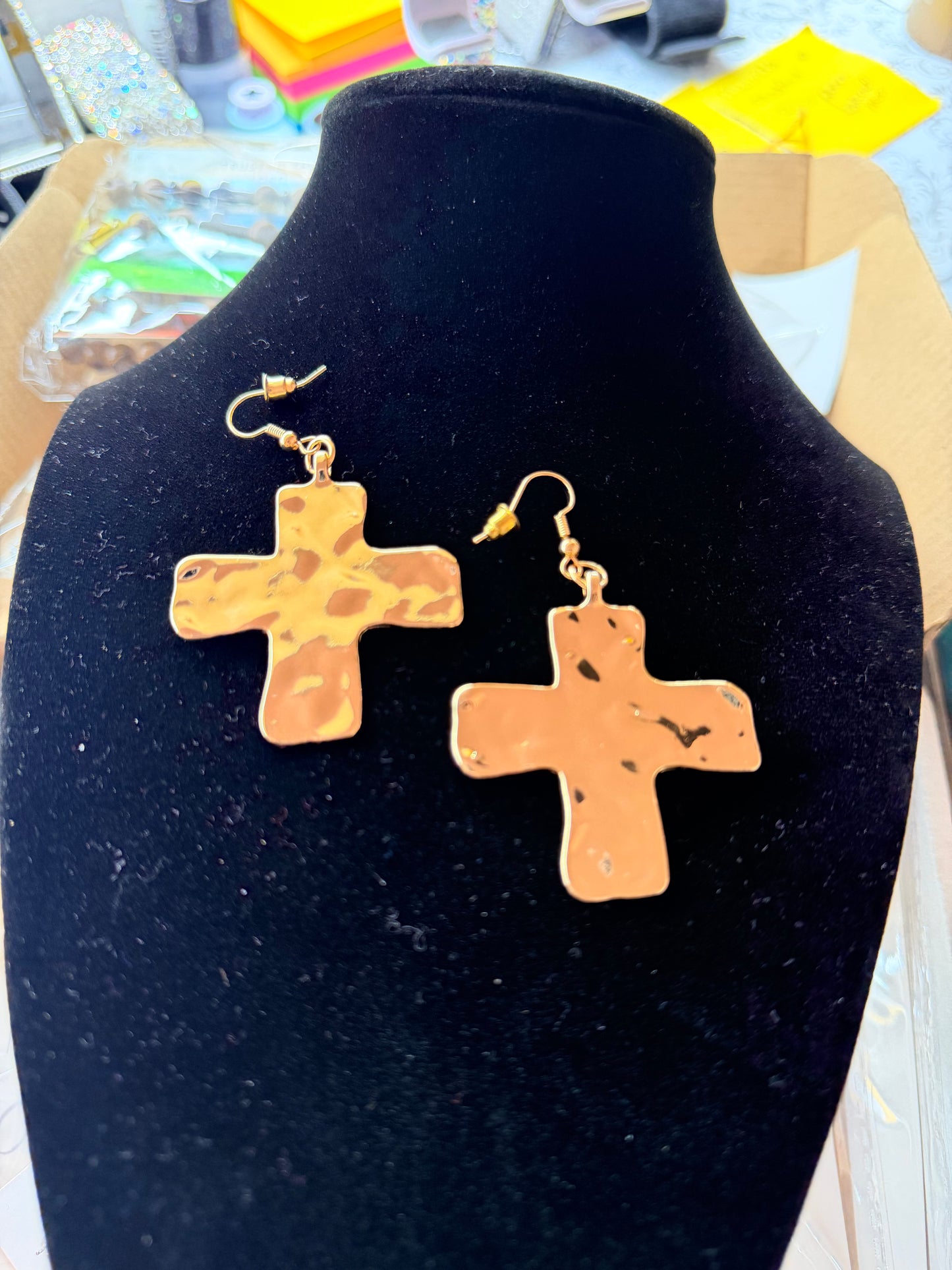 Bold Faith Hammered Cross Statement Earrings – Gold Cross Dangle Earrings