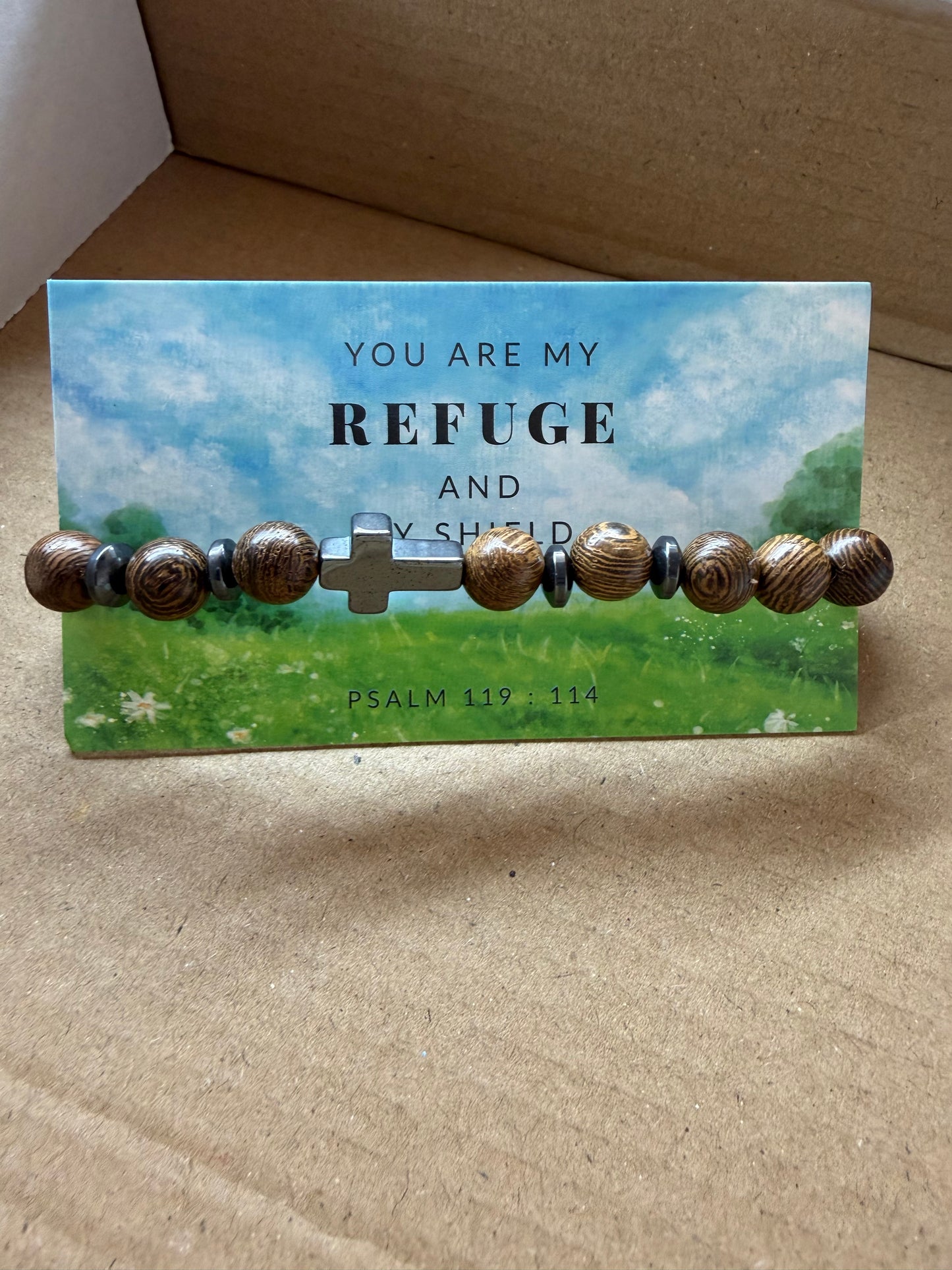 Wood Grain Beaded Cross Bracelet