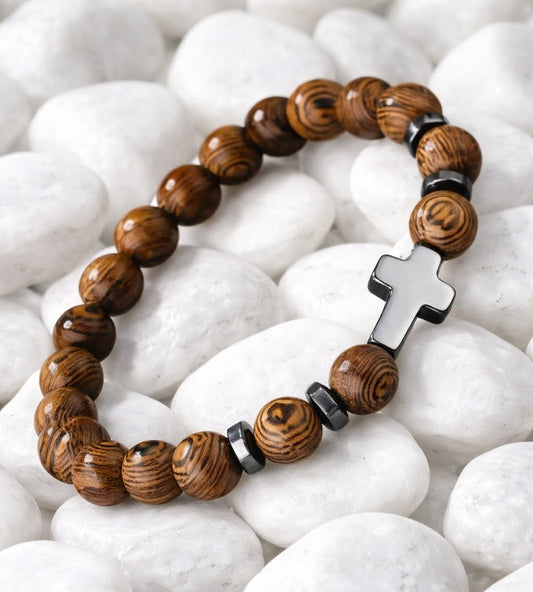 Wood Grain Beaded Cross Bracelet